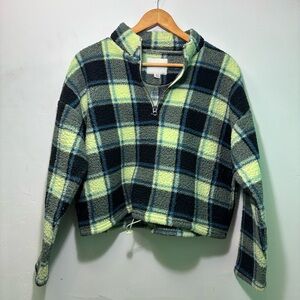 American Eagle Plaid Half-Zip Fleece Pullover in Navy and Lime